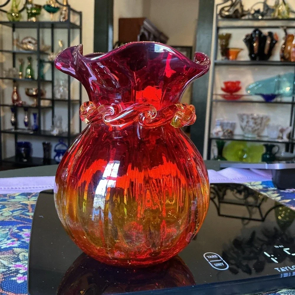 Vintage Hand blown‎ Amberina Glass Ruffled 6